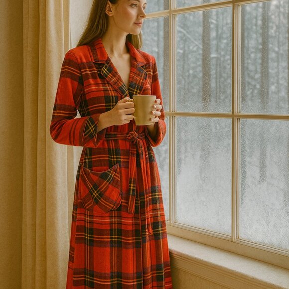 Vintage Talbots Plaid Wool Cotton Robe Lydia Bard’s Canada Small Petite - Picture 1 of 9